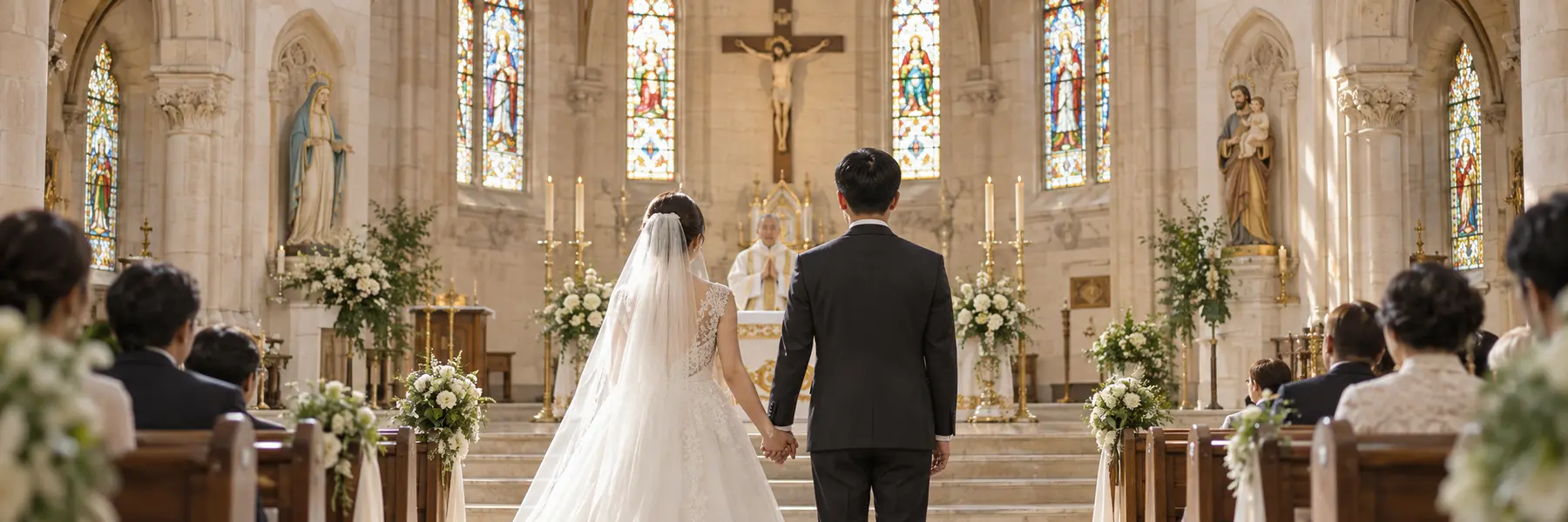 가톨릭 성당 제대 앞에서 혼인성사를 거행하는 신랑과 신부